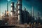 Oil refinery with people at work. Large industrial refinery with intricate pipelines. Generative Ai