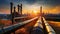 Oil refinery and pipeline complex at sunset