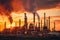 An oil refinery silhouetted against a vibrant sunset, with smokestacks emitting smoke, enclosed by a fence in the foreground