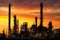 Oil refinery at sunset with silhouettes of workers, complex piping, and storage tanks, emitting smoke into the sky