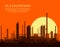 Oil refinery at sunset. Vector illustration.