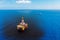 Oil rig accident spill into sea, aerial top view. Concept ecological disasters water