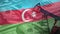 An oil rig against the background of a transparent flag of Azerbaijan and a row of US dollars. Minerals. The battle for