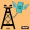 Oil rig chained to dollar bill with wings.