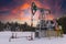 Oil rig energy industrial machine for petroleum in the sunset background for design. Oil pumpjack winter working. Oil pump under