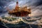 oil rig platform with dramatic stormy ocean waves