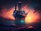 Oil rig platform in open sea on beautiful sunset, oil production platform for extract petroleum