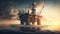 Oil rig platform in open sea on beautiful sunset, oil production platform for extract petroleum