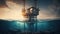 Oil rig platform in open sea on beautiful sunset, oil production platform for extract petroleum