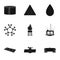 Oil rig, pump and other equipment for oil recovery, processing and storage.Oil set collection icons in black style