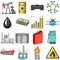Oil rig, pump and other equipment for oil recovery, processing and storage.Oil set collection icons in cartoon style