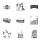 Oil rig, pump and other equipment for oil recovery, processing and storage.Oil set collection icons in monochrome style