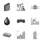 Oil rig, pump and other equipment for oil recovery, processing and storage.Oil set collection icons in monochrome style