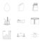 Oil rig, pump and other equipment for oil recovery, processing and storage.Oil set collection icons in outline style