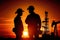 Oil rigs and silhouettes of people at sunset. Generative AI