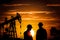 Oil rigs and silhouettes of people at sunset. Generative AI
