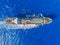 Oil ship chemical tanker sails blue sea. Aerial top view. Concept export