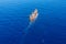 Oil ship chemical tanker sails blue sea. Aerial top view. Concept export