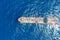 Oil ship chemical tanker sails blue sea. Aerial top view. Concept export