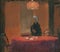 Oil sketch on cardboard of old woman sitting at round table in her room in evening