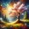 Oil sketch painting of beautiful tree, in a mythical landscape, flower, breathtaking, digital art, nature view, brushstroke