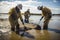 oil spill cleanup team in action, using high-tech equipment to remove oil from water