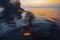 oil spill disaster on the open sea, with burning oil slicks and floating debris