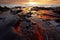 Oil spill pollutes the ocean against sunset sky