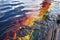 oil spill with rainbow sheens on water surface