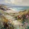Oil style fine art coastal painting of the English coast, romantic seaside and floral meadow in soft pastel colours