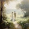 Oil style fine art painting of romantic vintage couple in the English countryside, country nature in soft pastel colours