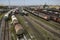 Oil tank and trains on railroad tracks, classification yard, Russia.