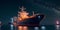 Oil tanker docked in an offshore dock at night or dawn sea. Generative AI