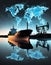 Oil tanker; oil well silhouette and a hologram of the World map. Global supply chains concept image. Generative AI
