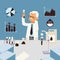 Oil test in special laboratory, vector illustration. Elderly male character scientist conduct experimental test to check