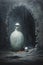 Oil textured spooky ghost still life in white vase with skull and small orange. Gloomy mood and industrial atmosphere cover