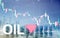 Oil trend down. Candle graph chart Oil barrels and a financial chart on abstract business background. Price oil down