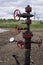 Oil valves and piping. production wellhead. A natural oil well. Horizontal view of a wellhead with valve armature. Oil and gas