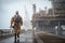 oil worker on the platform in the industrial port, An offshore oil rig worker walks to an oil and gas facility to work in the