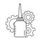 Oiler with three cogwheels in background. Linear icon of motor lubricating oil. Black and white simple illustration. Contour