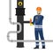 Oilman turns a pipeline valve. Oil industry and worker or engineer in special clothing and helmet. Gas or oil pipe, cartoon male