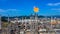 Oilâ€‹ refineryâ€‹ andâ€‹ petrochemicalâ€‹ plant industrial working with fire and blue sky background, Aerial view oil and gas