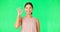 Ok hands, face and happy woman on green screen, background and support of healthy fitness goals. Portrait of female