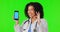 Ok sign, woman and doctor with phone on green screen in studio isolated on background. Smartphone, okay hand and African