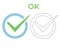 OK. Yes check mark vector icon. Color and outline positive checklist button success sign. Green correct tick symbol in a circle