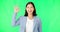 Okay hands, face and woman smile on green screen, background and review of business support. Portrait of female employee