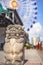 Okinawan Shisa lion and Mihama Carnival Park Ferris wheel located in the American Village neighborhood of Chatan City decorated