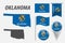 OKLAHOMA. Set of national infographics elements with various flags, detailed maps, pointer, button and different shapes badges.