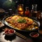 Okonomiyaki served on a typical plate