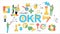 OKR Objectives and key results word  vector illustration dotted line with icons for business,team people,target, focus,planning